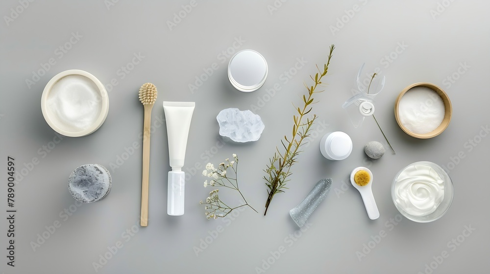 Poster various spa related objects on gray background top view body and skin care flat lay with copy space 
