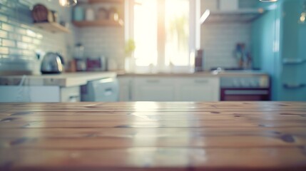 Obraz premium Close up wooden table and decorative kitchen background style Refrigerator dishwasher and stove style with lamp concept : Generative AI