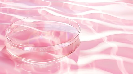 Empty clear glass circle podium on pink transparent calm water texture with waves in sunlight Abstract nature background for product presentation Flat lay cosmetic mockup copy space : Generative AI