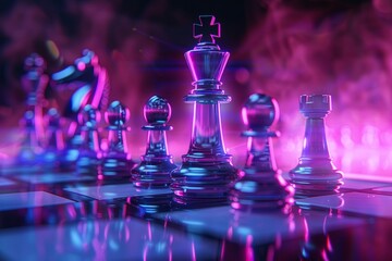 Chess pieces on a chessboard on a dark background shot in neon pink-blue colors. The figure of a chess .Close up - obrazy, fototapety, plakaty
