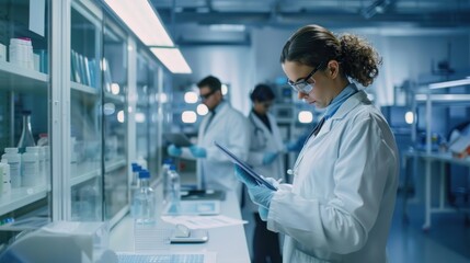 medical researcher using a tablet to analyze data and collaborate with colleagues