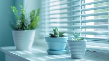 Fototapeta premium White interior background closeup abstract details painted light table roman blinds window blue flowerpots with house plants on the desk Interior design home : Generative AI