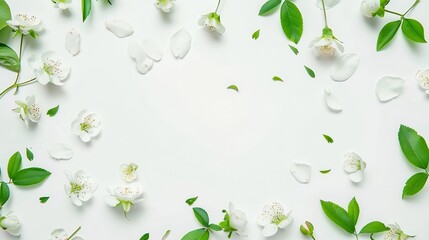 frame with flowers branches leaves and petals isolated on white background flat lay overhead view : Generative AI