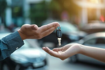 Car key, businessman handing car key to another woman on the background of cars on the street.