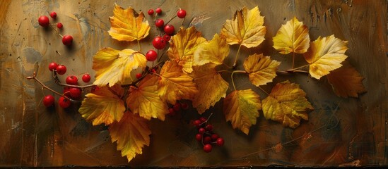 Naklejka na ściany i meble A hawthorn's yellow leaves and red berries are arranged on the table, creating a still life of autumn when viewed from above.