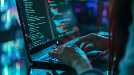 Focused female developer programs in html on laptop: a detailed view of web development and coding process