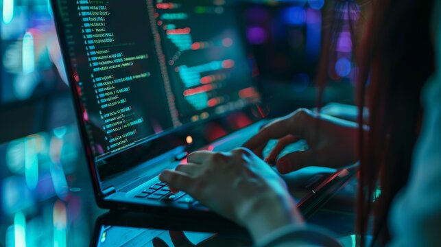 Focused female developer programs in html on laptop: a detailed view of web development and coding process