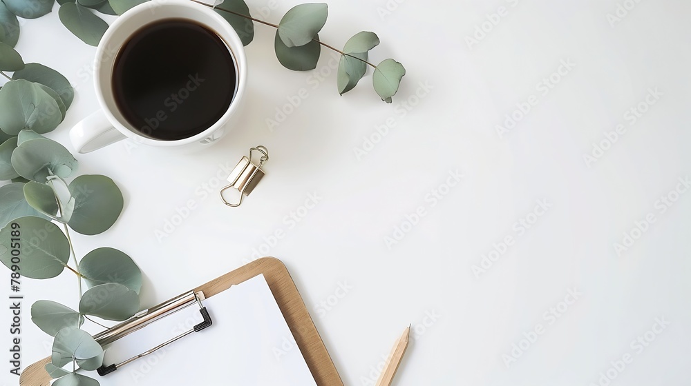 Poster flay lay top view office table desk feminine desk workspace frame with green leaves eucalyptus clipb