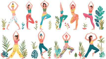 Set of women wearing sportswear doing Yoga. Girls in c - obrazy, fototapety, plakaty