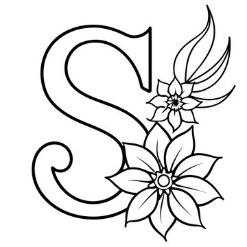Alphabet S coloring page with the flower, S letter digital outline floral coloring page, ABC coloring page 