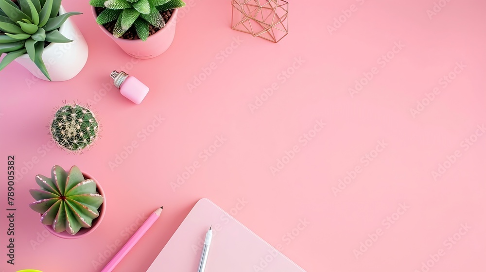 Fototapete Top view flat lay of workspace desk styled design office supplies and cactuses succulents with copy space millennial pink color paper background minimal style Template for feminine blo : Generative AI