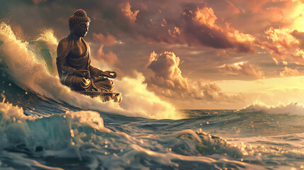 Buddha effortlessly riding the surf. - obrazy, fototapety, plakaty