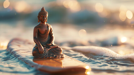Tranquil figure of Buddha balancing on a surfboard.