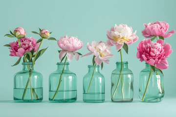 Peonies in green glass vases on pastel background