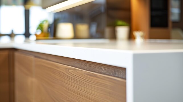 Wooden kitchen units and white worktop in modern interior : Generative AI