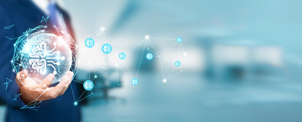 Businessman hold circle of network structure - machine learning concept. Connectivity and data-driven network. Learning algorithms and neural network. Artificial intelligence.