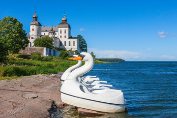 Lake with pedalo swans at the lakeshore at Lacko castle in sweden
