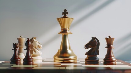 Winner golden cup and Chess board with wooden figures still life on white background flat lay : Generative AI