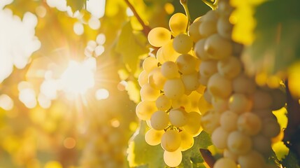 Close up of white grapes before harvest on wine yard during sunset : Generative AI