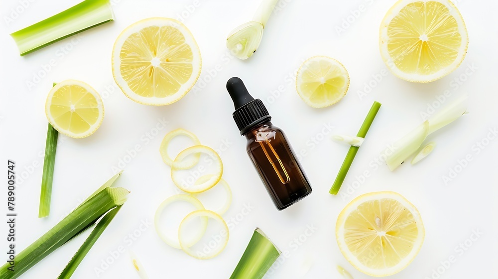 Poster lemongrass essential oil with lemon grass slice isolated on white background top view flat lay : gen