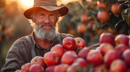 Old farmer proud with his apple harvest - 789005723