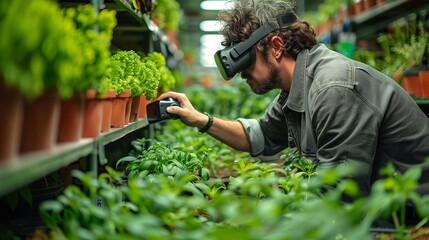 Man cultivator using VR glasses in a greenery full with plants