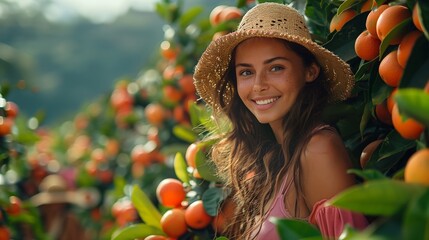 Woman in an orchard of oranges beauty