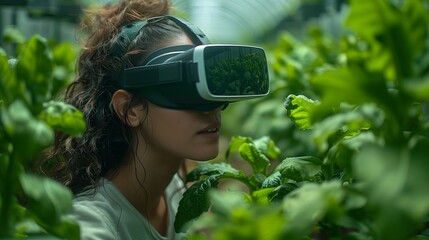 Woman using VR glasses in growing organic greens agriculture