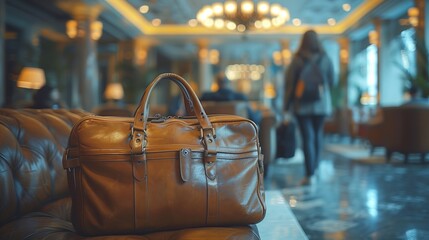A leather bag in an aeroport lounge travel - obrazy, fototapety, plakaty