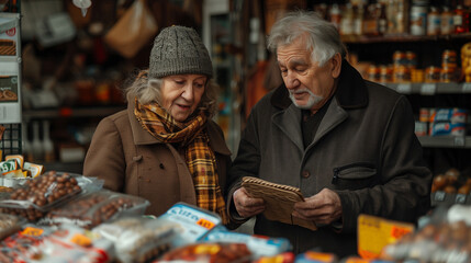 Old couple shopping for groceries in a market