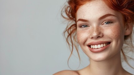 Place for text. Beautiful young red-haired girl smiling on a gray background. Banner for advertising dentist, cosmetologist services, discounts and promotions.