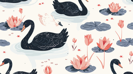 Seamless pattern with black swans and brood of cygnet - obrazy, fototapety, plakaty
