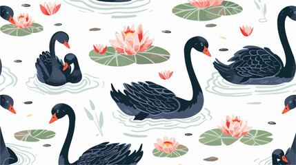 Seamless pattern with black swans and brood of cygnet