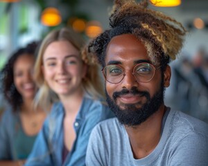 A diverse group of friends share a joyful moment together, with focus on a smiling man in round glasses