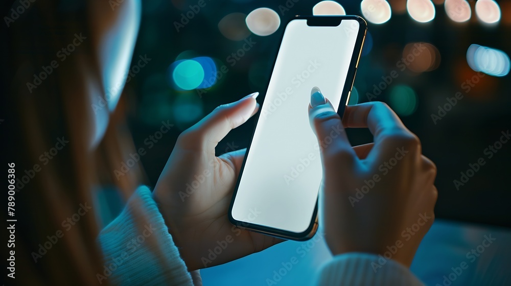 Poster Mockup image of woman hand using and touching on blank white screen mobile smartphone close up vintage tone : Generative AI
