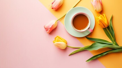 Flat Lay Aesthetic Greeting Card with morning coffee cup and flowers on pastel background  Womens Day on March 8th Spring or Easter concept Blogger composition : Generative AI
