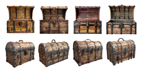 Mediaeval  treasure chests collection isolated on transparent background.