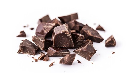 Fototapeta premium Dark chocolate pieces isolated on white background flat lay : Generative AI