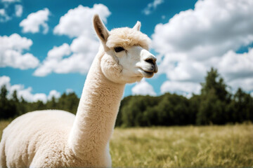 Obraz premium White clouds alpaca front blue you watching sky camel ear portrait snout therapy grin peru attention face neck lama herbivore cloud heaven andes wool brown