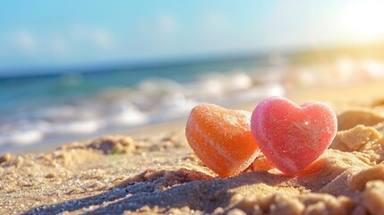 Fototapeta premium Close up of two candy hearts on sandy beach with ocean blurred in the background and blue sky
