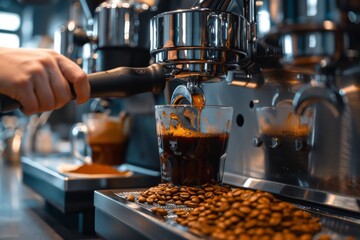 brewing coffee, from grinding the beans to pouring the aromatic beverage into a cup for a customer - obrazy, fototapety, plakaty