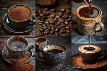 brewing coffee, from grinding the beans to pouring the aromatic beverage into a cup at modern cafe