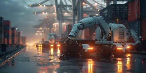 A colossal industrial robot commands the factory floor, epitomizing the peak of mechanization and automation technology. - obrazy, fototapety, plakaty