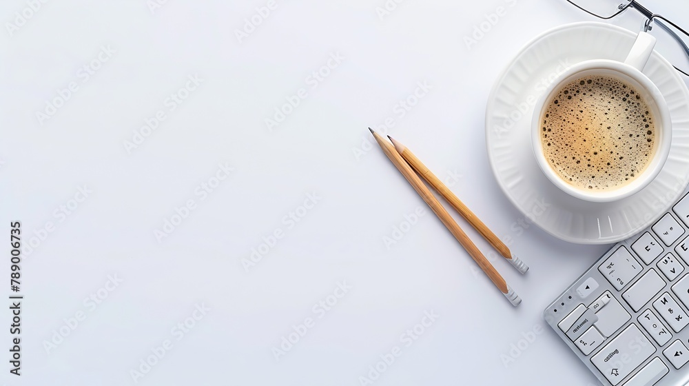 Poster flat lay top view office table desk workspace with keyboard office supplies pencil and coffee cup wi