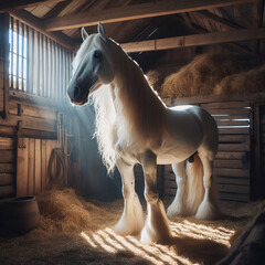 White horse in the stable. - obrazy, fototapety, plakaty