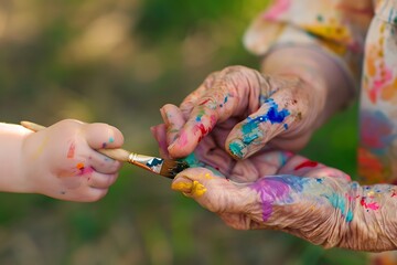 Tiny fingers trace weathered lines on a grandparent's hand, bridging the gap between ages through shared laughter and a colorful paintbrush..