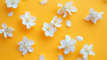 white flowers on yellow background Blooming concept Flat lay : Generative AI