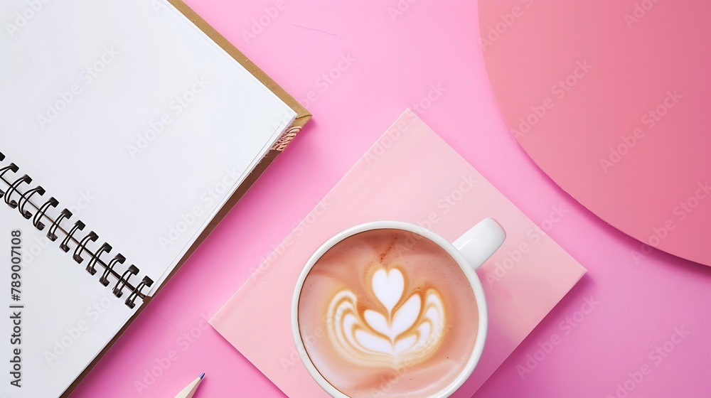 Aufkleber Creative flat lay photo of workspace desk with stationery coffee and blank notebook with copy space background minimal styled : Generative AI