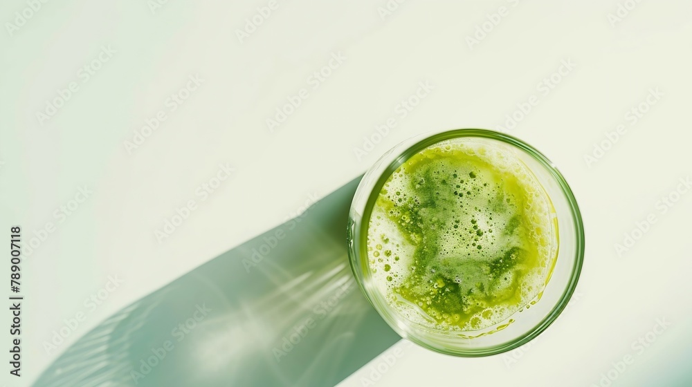 Aufkleber Glass of fresh green smoothie juice isolated on white background top view flat lay Clipping path : Generative AI