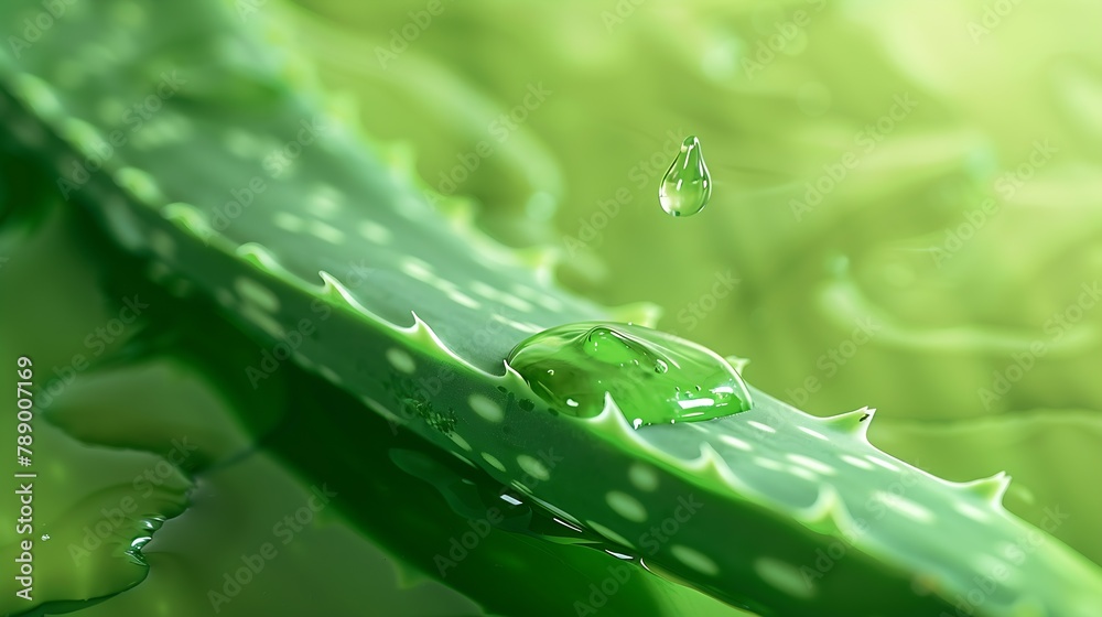 Poster aloe vera juice drop close up aloe vera leaf with aloe gel over green background with copy space : g